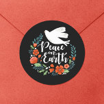 Peace on Earth Christmas Classic Round Sticker<br><div class="desc">A pretty Christmas gift sticker featuring a dove in a floral wreath with the words Peace on Earth. The Christmas sticker is designed in black,  red and white. Personalise it with your name,  for your Christmas gifts this year. Designed for you by Blackberry Boulevard.</div>
