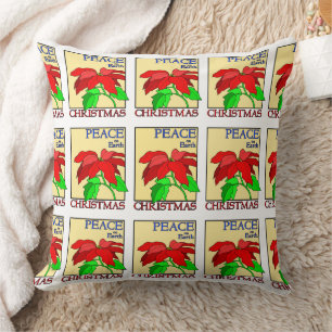 Peace on Earth Christmas Holiday Poinsettia Flower Cushion
