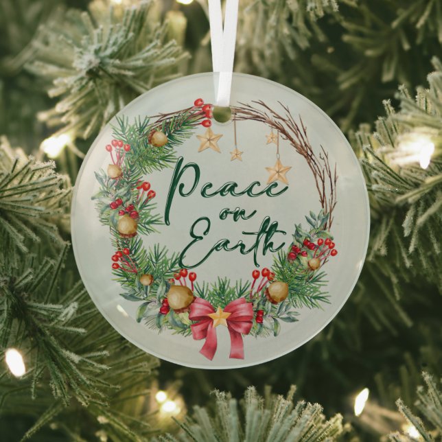 Peace on Earth Christmas Wreath Glass Tree Decoration (Insitu)