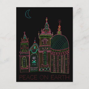 PEACE ON EARTH City Glow Bright Neon on Black  Holiday Postcard