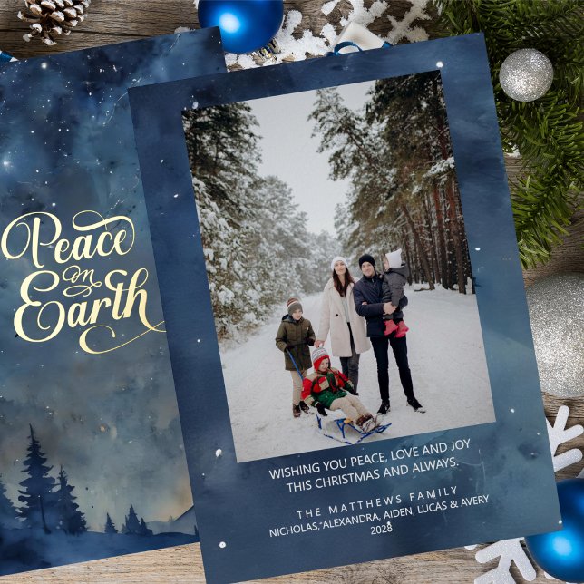 Peace on Earth Custom Photo Christmas Foil Holiday Card (A beautiful heartfelt custom photo Christmas or holiday card.)