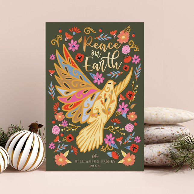 Peace on Earth Dove Floral Folk Art Earthy Green Holiday Card (Peace on Earth Dove Floral Folk Art Earthy Green Holiday Card)