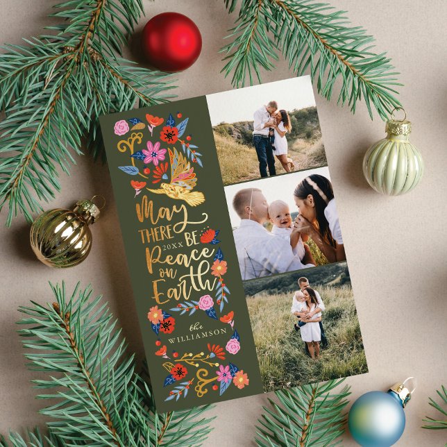 Peace on Earth Dove Floral Folk Art Green Photo Holiday Card (Peace on Earth Dove Floral Folk Art Green Photo Holiday Card)