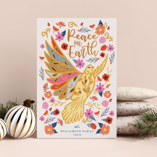 Peace on Earth Dove Floral Folk Art White Holiday Card