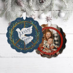 Peace on Earth Dove Peace Sign Wreath Illustrated Tree Decoration Card<br><div class="desc">Christmas Card Ornaments are finally here; create a keepsake with original hand-lettering and illustration of a dove,  peace sign wreath and a photo with text on the back to mail to your loved ones; colour of the background are editable</div>