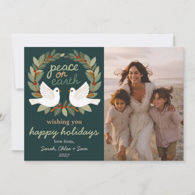 Peace on Earth Doves Christmas CUSTOM 3 PHOTO Holiday Card (Front)