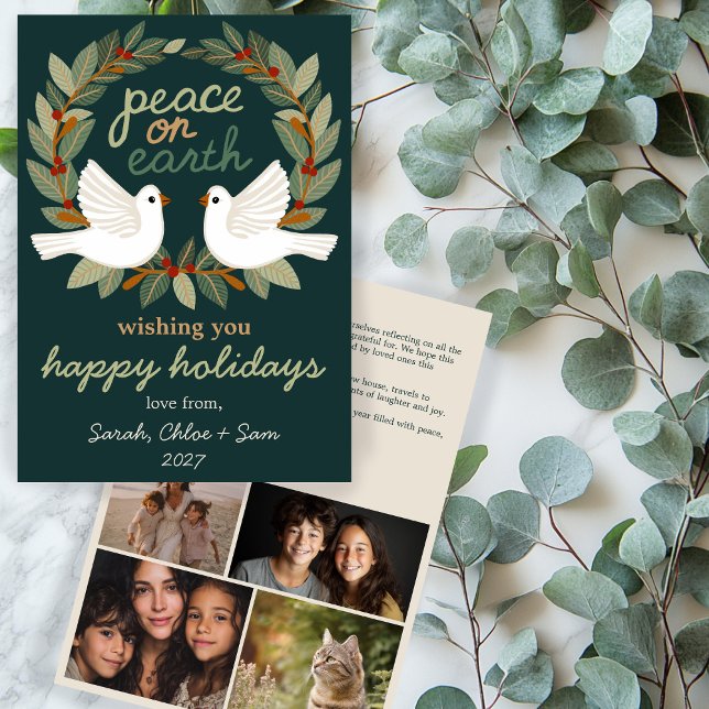 Peace on Earth Doves Christmas CUSTOM 4 PHOTO Holiday Card (Peace on Earth Doves Hand-drawn Christmas CUSTOM 4 PHOTO Family Collage Holiday Card
)