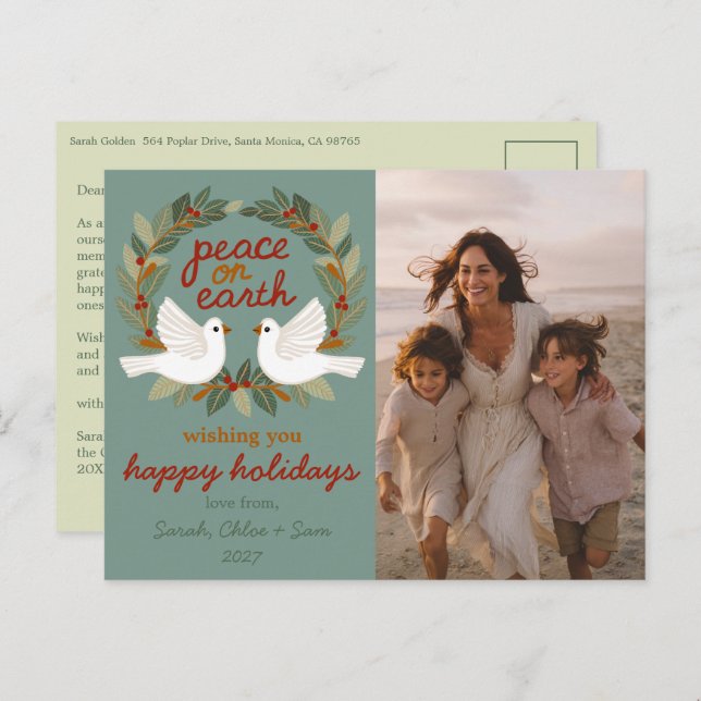 Peace on Earth Doves Christmas CUSTOM PHOTO  Holiday Postcard (Front/Back)