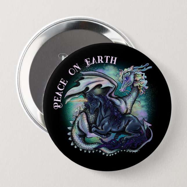 Peace on Earth Dragon and Unicorn 10 Cm Round Badge (Front & Back)