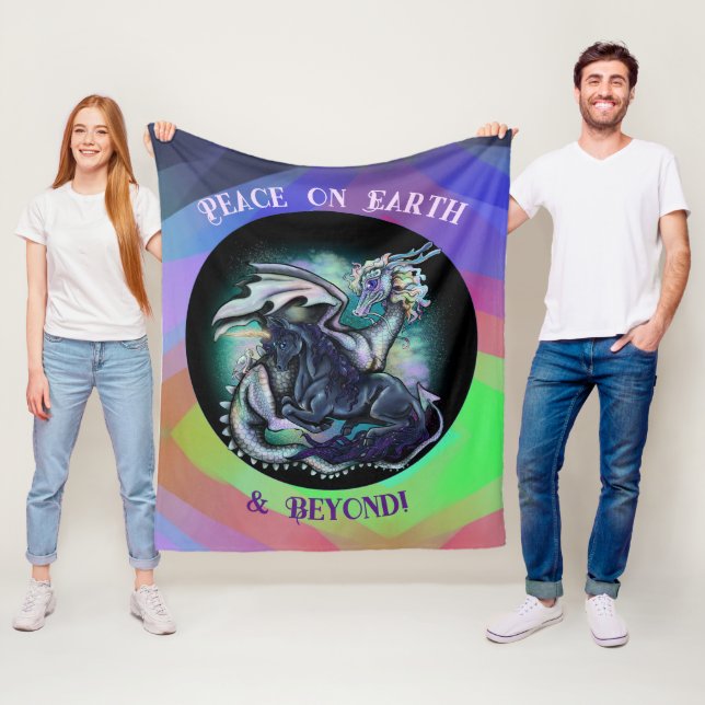 Peace on Earth Dragon and Unicorn Fleece Blanket (In Situ)