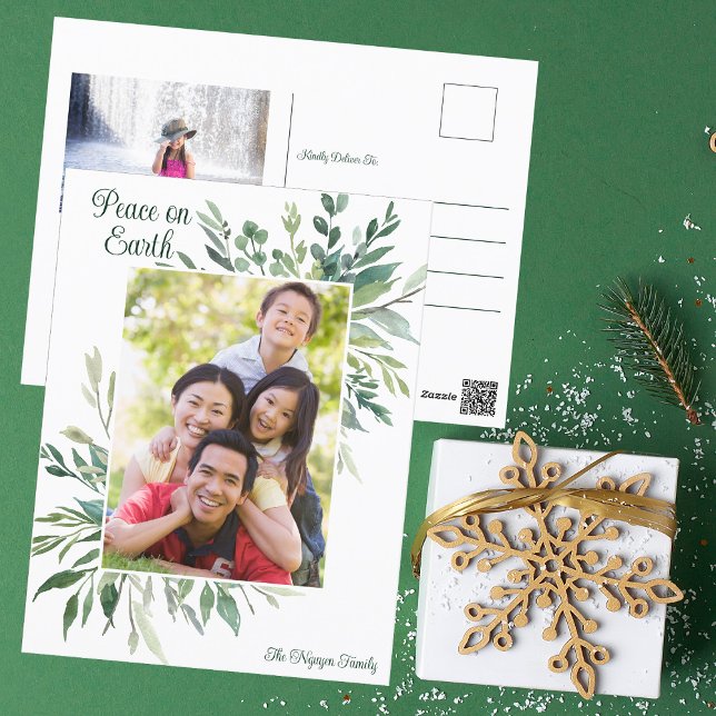 Peace on Earth Elegant Botanical Greenery Photo Postcard (Creator Uploaded)
