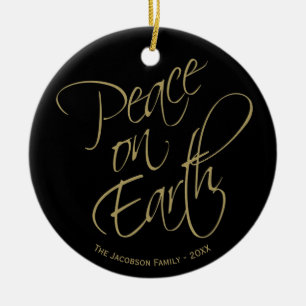 Peace On Earth Elegant Gold & Black Holiday Photo Ceramic Ornament