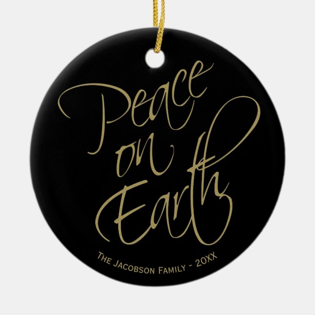Peace On Earth Elegant Gold & Black Holiday Photo Ceramic Ornament (Front)