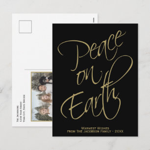 Peace on Earth Elegant Gold & Black Minimal Photo Holiday Postcard