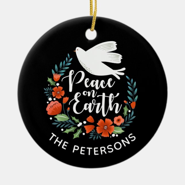 Peace on Earth Elegant White Dove Christmas Photo Ceramic Ornament (Front)