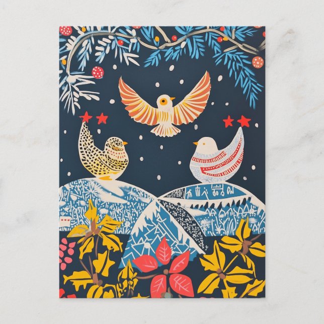 Peace on Earth, Festive Birds Nature Folk Charm Holiday Postcard (Front)