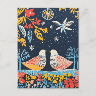 Peace on Earth, Festive Birds Nature Folk Charm Holiday Postcard