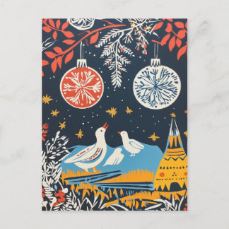 Peace on Earth, Festive Birds Nature Folk Charm Holiday Postcard