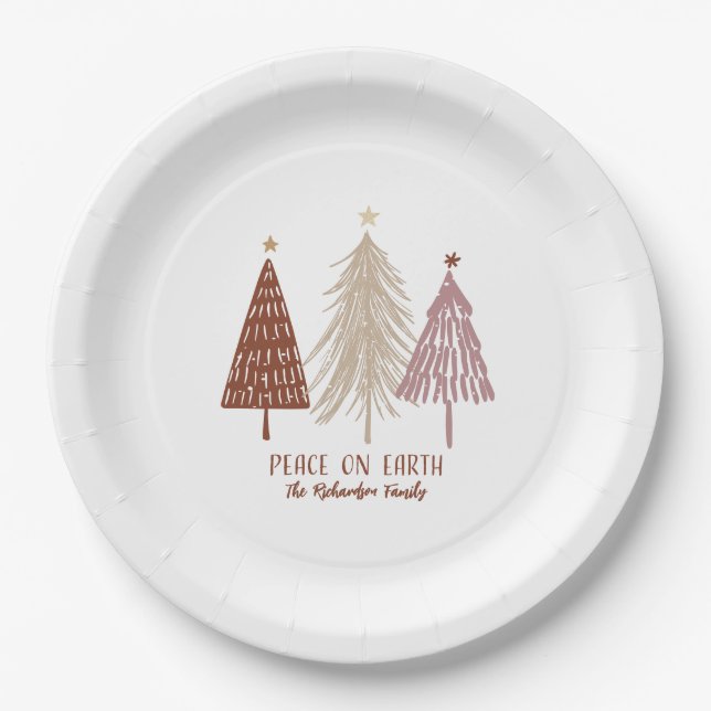 Peace On Earth Festive Merry Christmas Trees Chic Paper Plate (Front)