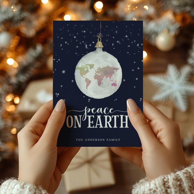 Peace on Earth Globe Ornament Blue Holiday Card (Creator Uploaded)