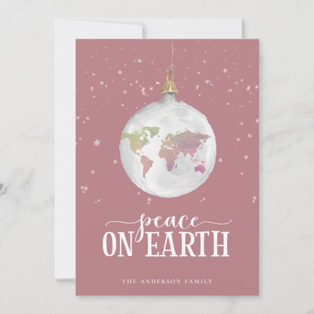 Peace on Earth Globe Ornament Mauve Holiday Card (Front)
