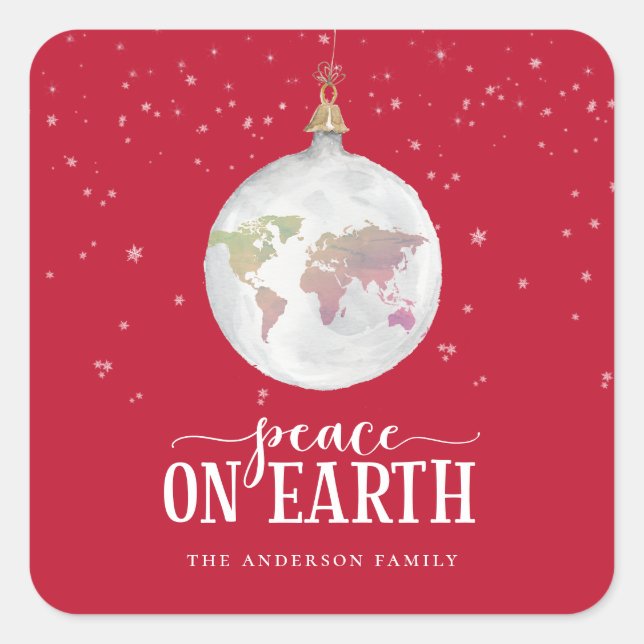 Peace on Earth Globe Ornament Red Holiday Square Sticker (Front)