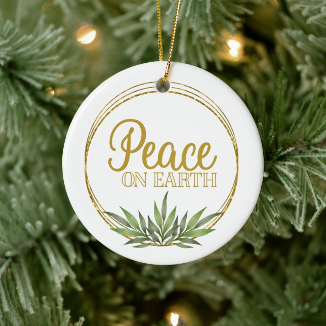 Peace on Earth Gold Botanical Christmas Photo Ceramic Ornament (Tree)