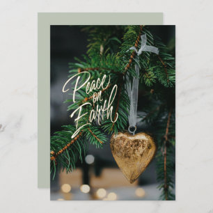 Peace on Earth Gold Heart Christmas Tree Ornament Holiday Card