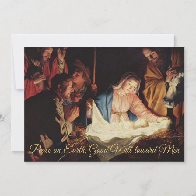 Peace on Earth Gold Nativity Religious Christmas Holiday Card (Front)