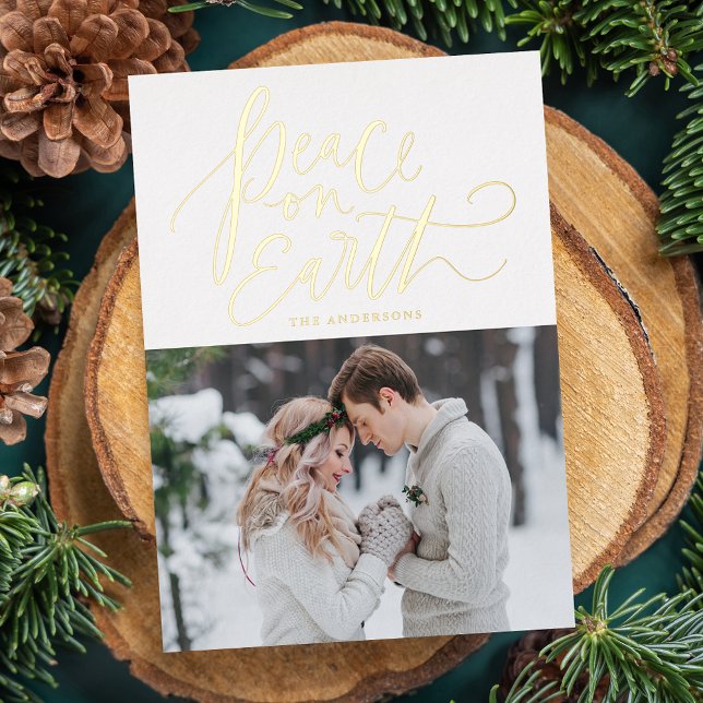 Peace On Earth Gold Script Photo Foil Holiday Card (Creator Uploaded)