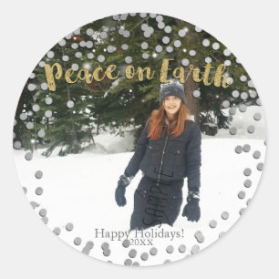 Peace on Earth Gold Silver Holiday Christmas Photo Classic Round Sticker