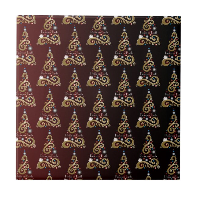 Peace on Earth golden Christmas tree pattern Ceramic Tile (Front)