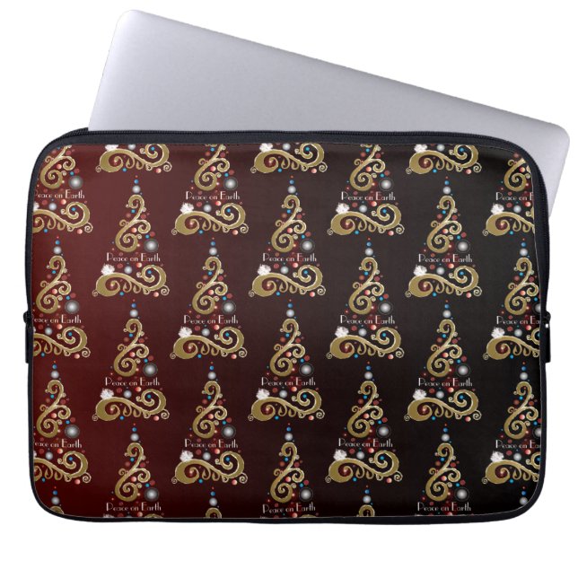 Peace on Earth golden Christmas tree pattern Laptop Sleeve (Front)