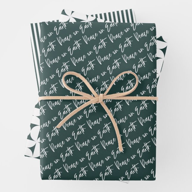 Peace on Earth Green Christmas Wrapping Paper Sheet (In situ)