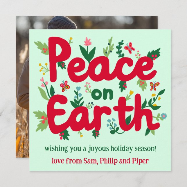 PEACE ON EARTH Hand-Drawn CUSTOM PHOTO  Holiday Card (Front/Back)