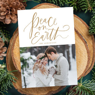 Peace On Earth Hand-Lettered Script Gold Photo Holiday Card