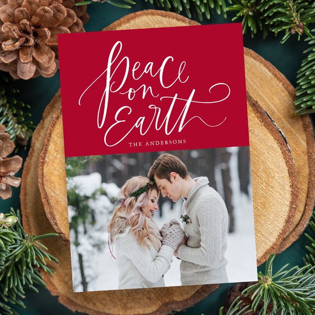 Peace On Earth Hand-Lettered Script Red Photo Holiday Card (Creator Uploaded)