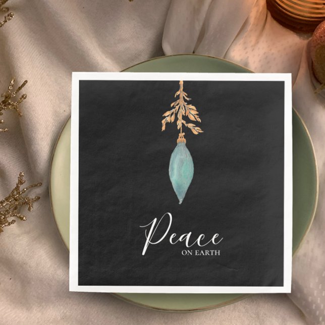 Peace on Earth Hand Painted Turquoise Watercolor  Napkin (Decorate your holiday table with original art napkins modern stylish Peace on Earth turquoise golden)