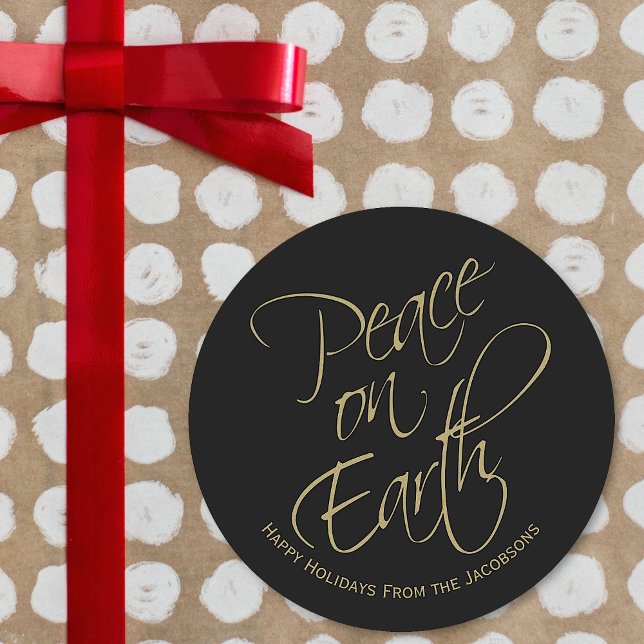 Peace on Earth Happy Holidays Elegant Black & Gold Classic Round Sticker (In Situ Holiday Gift)