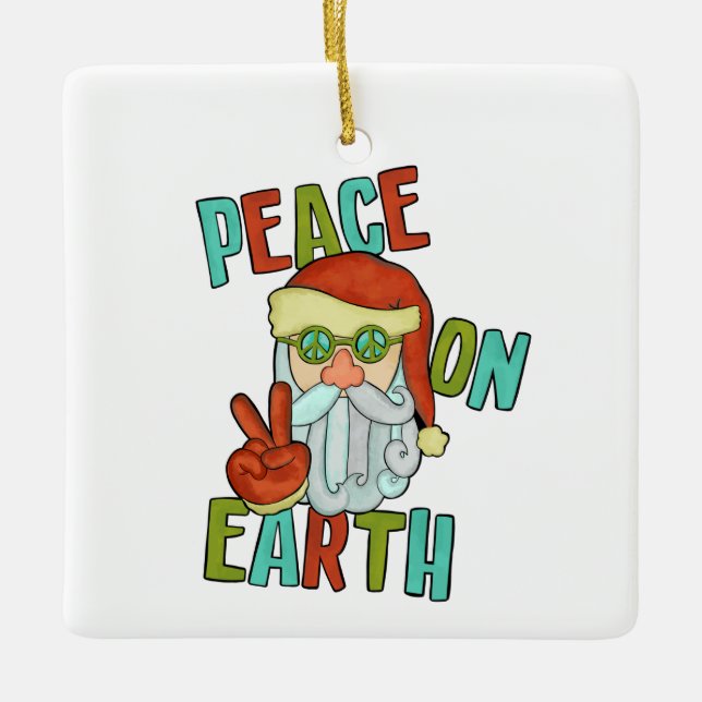 Peace on Earth Hippie Santa Ceramic Ornament (Front)