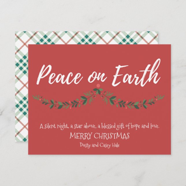 Peace on Earth Holly Red Plaid Religious Holiday Card (Front/Back)