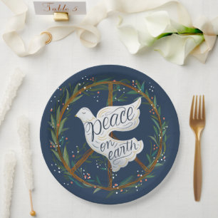 Peace on Earth Lettering Dove Holiday Party Paper Plate