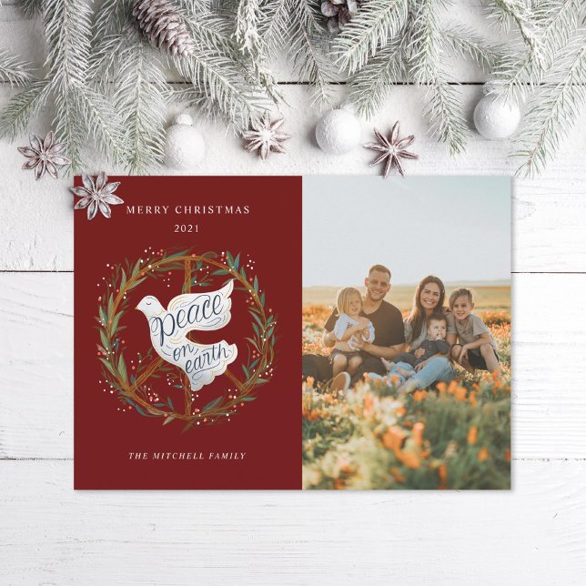 Peace on Earth Lettering Dove Peace Sign Photo Holiday Card (Creator Uploaded)