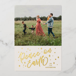 Peace on Earth Lettering Photo Gold Foil Holiday Card