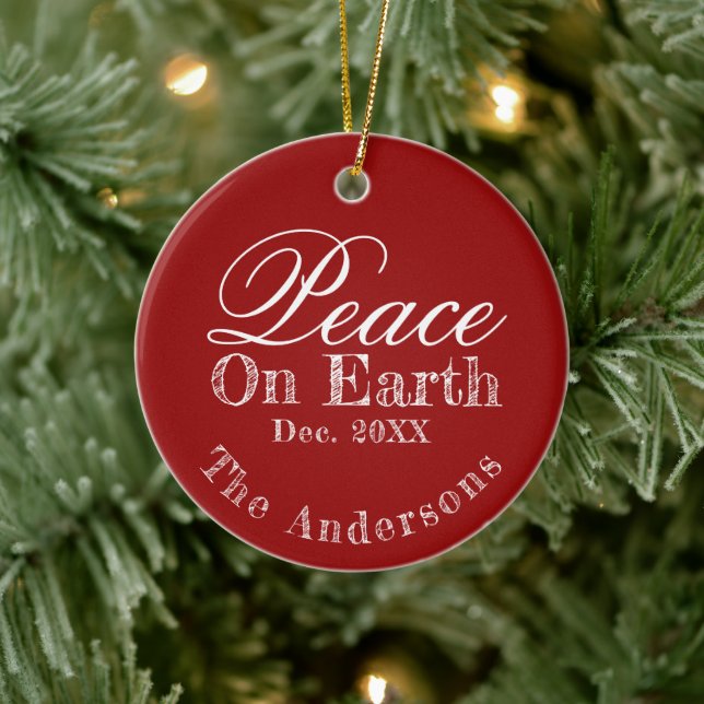 Peace On Earth Minimalist Script Christmas Red  Ceramic Ornament (Tree)
