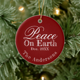 Peace On Earth Minimalist Script Christmas Red  Ceramic Ornament
