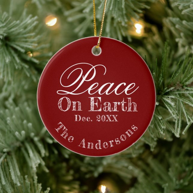 Peace On Earth Minimalist Script Christmas Red  Ceramic Ornament (Tree)