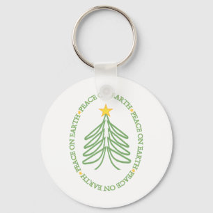 Peace On Earth Modern Holiday Tree and Quote Key Ring