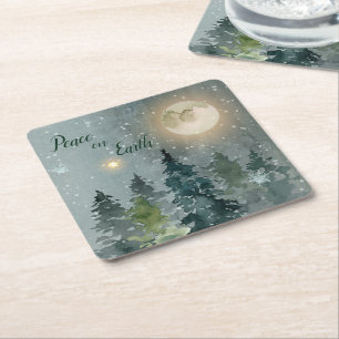 Peace on Earth Modern Watercolor Christmas Holiday Square Paper Coaster