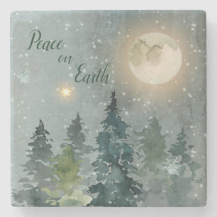 Peace on Earth Modern Watercolor Christmas Holiday Stone Coaster